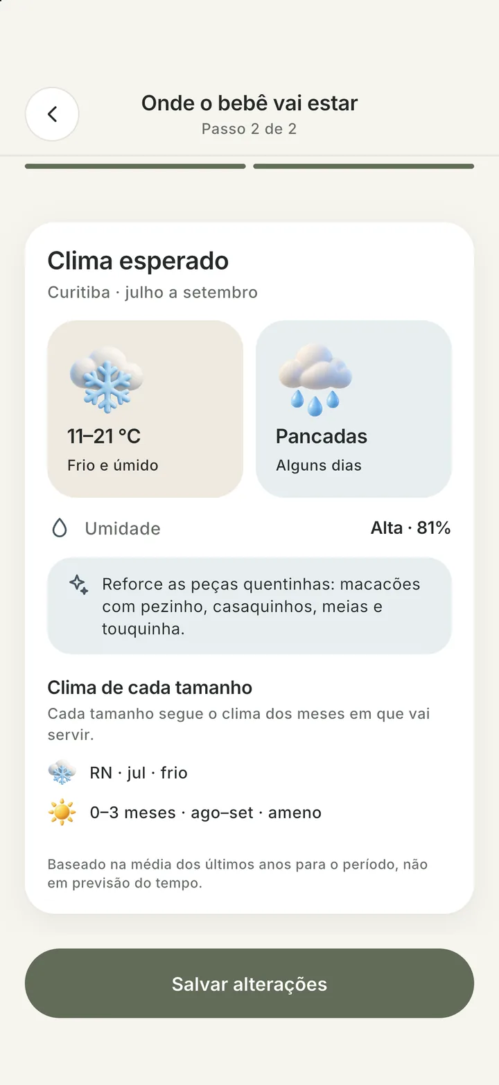 Tela do app Styli: card Clima esperado de Curitiba, julho a setembro, 11 a 21 °C, frio e úmido, com o clima de cada tamanho