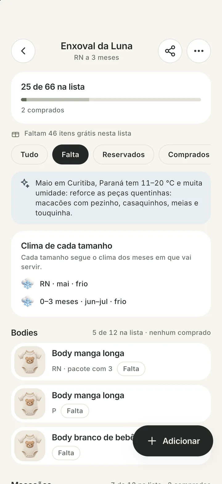 Tela do app Styli: lista de enxoval com o filtro Falta, o clima de cada tamanho e bodies RN e P marcados como Falta
