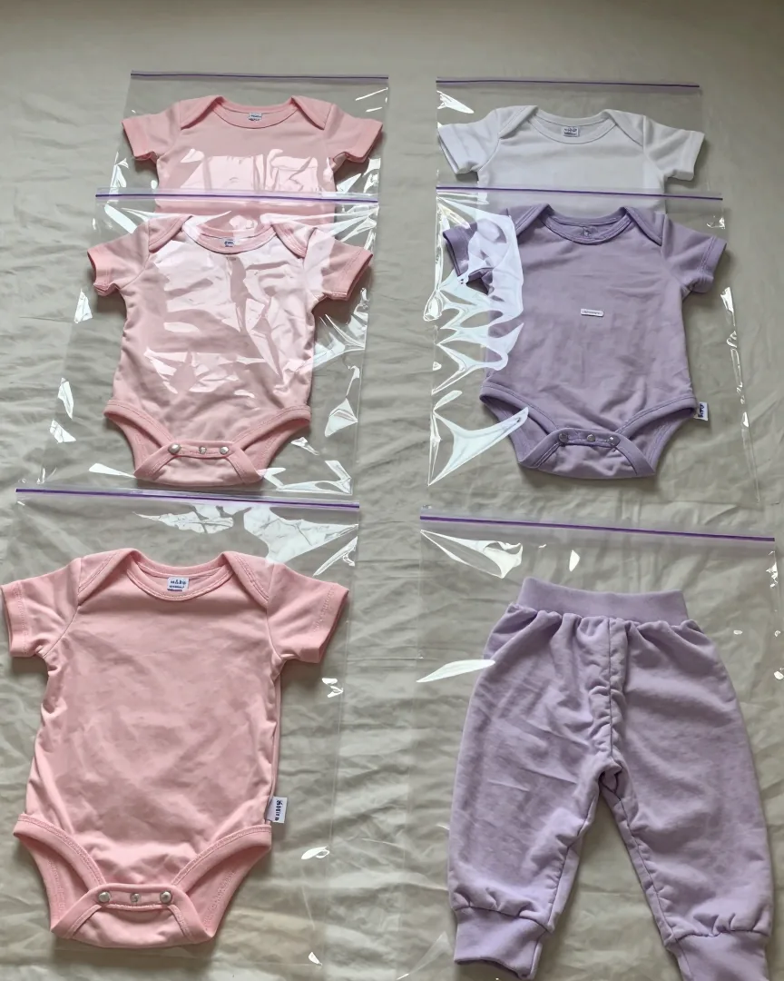 Saquinhos plásticos sobre a cama, cada um com uma muda de roupa de bebê: bodies e calças rosa e lilás