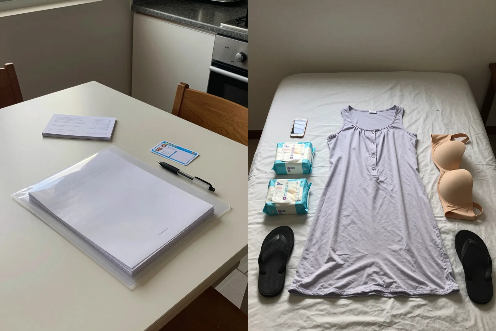 Pasta plástica com documentos e caderneta sobre a mesa ao lado de camisola, sutiã de amamentação e chinelos na cama