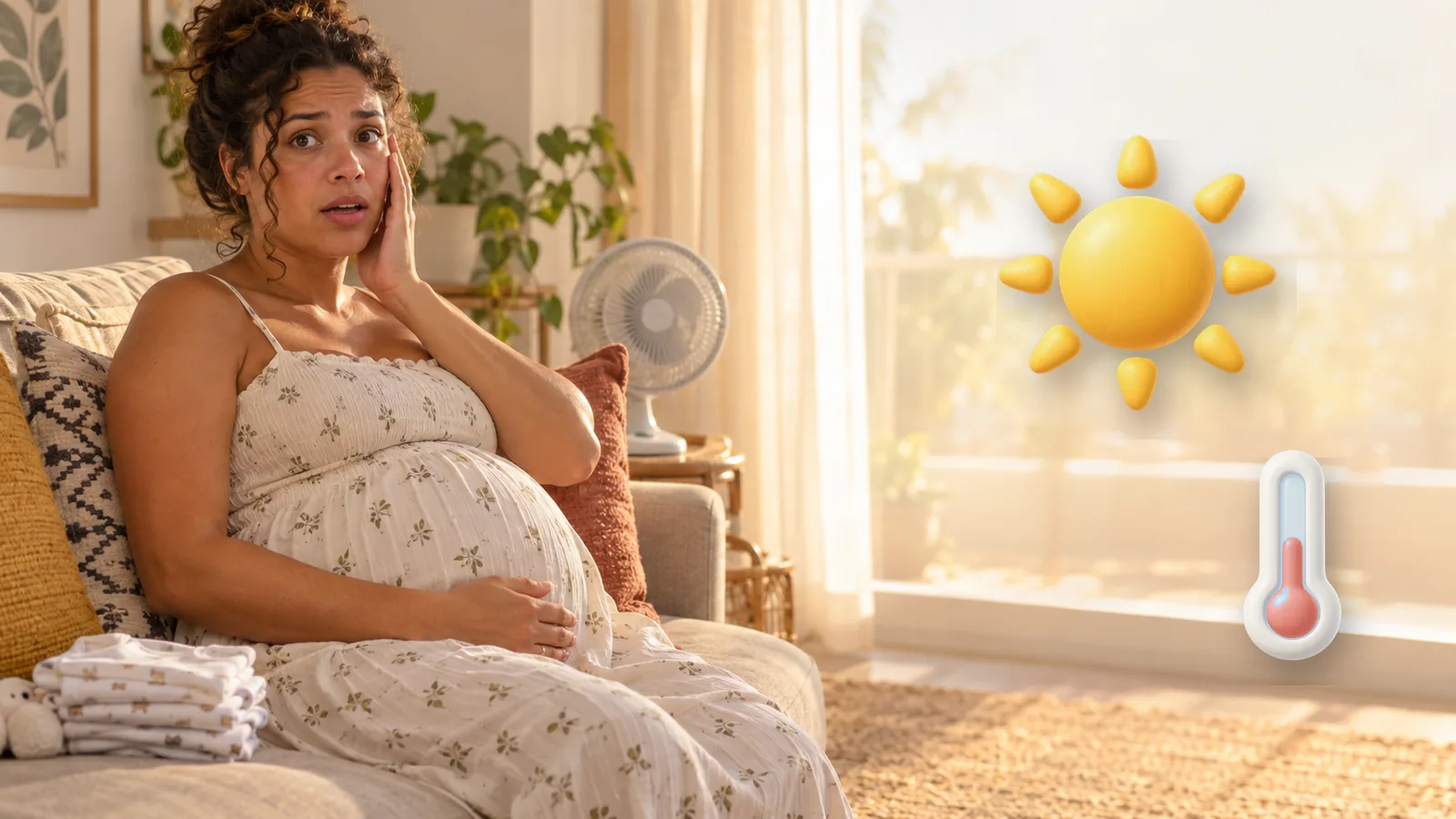Grávida no sofá num dia quente, com a mão no rosto, ventilador ao fundo e ícones 3D de sol e termômetro